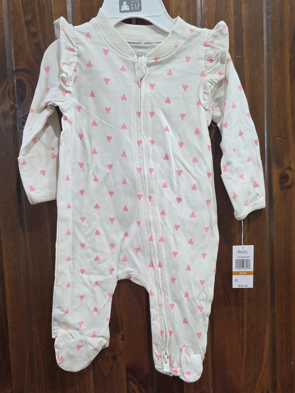 GAP Cream Footed One-Piece with Pink Heart Print